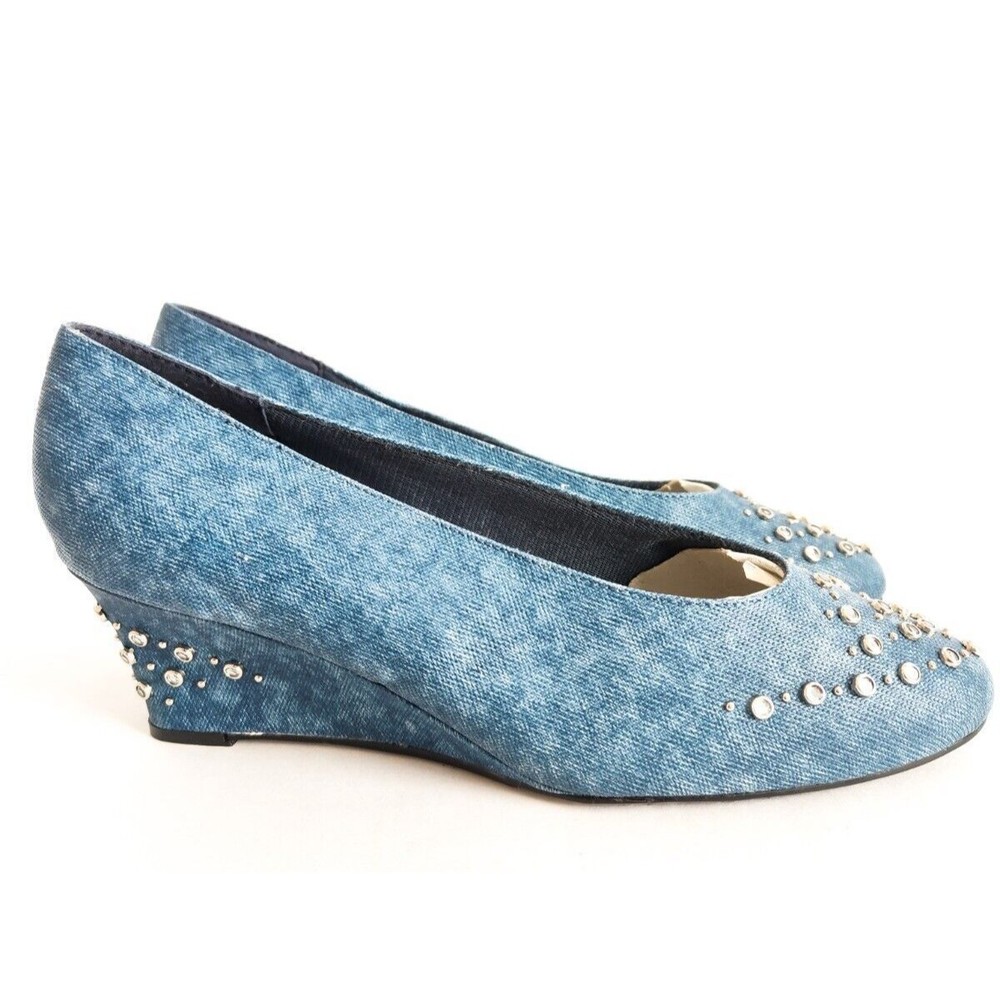 Y2K 90s Vintage Amanda Wedge Denim Heels Baby Blue Size 9.5 Wide Rhinestones